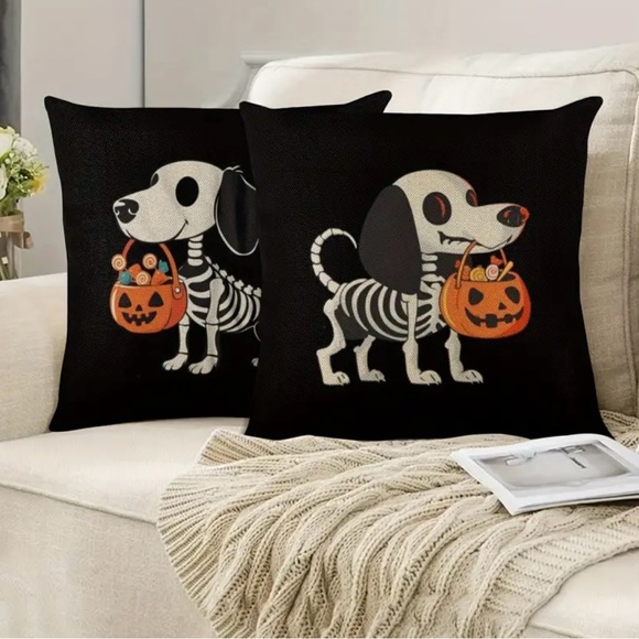 Set of two Halloween Dachshund skeleton pillow covers zipper closure 18" x 18" - Picture 3 of 3